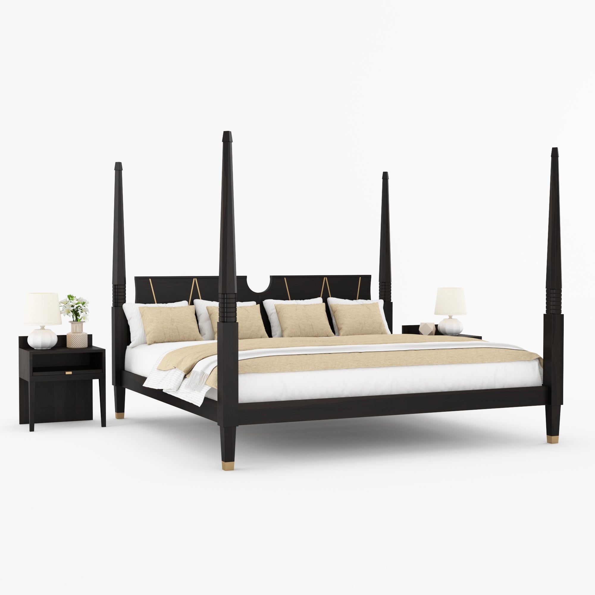 Troy Solid Wood Four Poster Bed with Brass Detailing