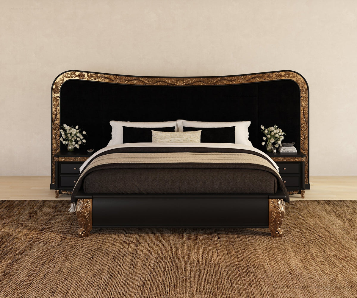 Versailles Grandeur Solid Wood Bedroom Set with Gold Leaf Carved Details