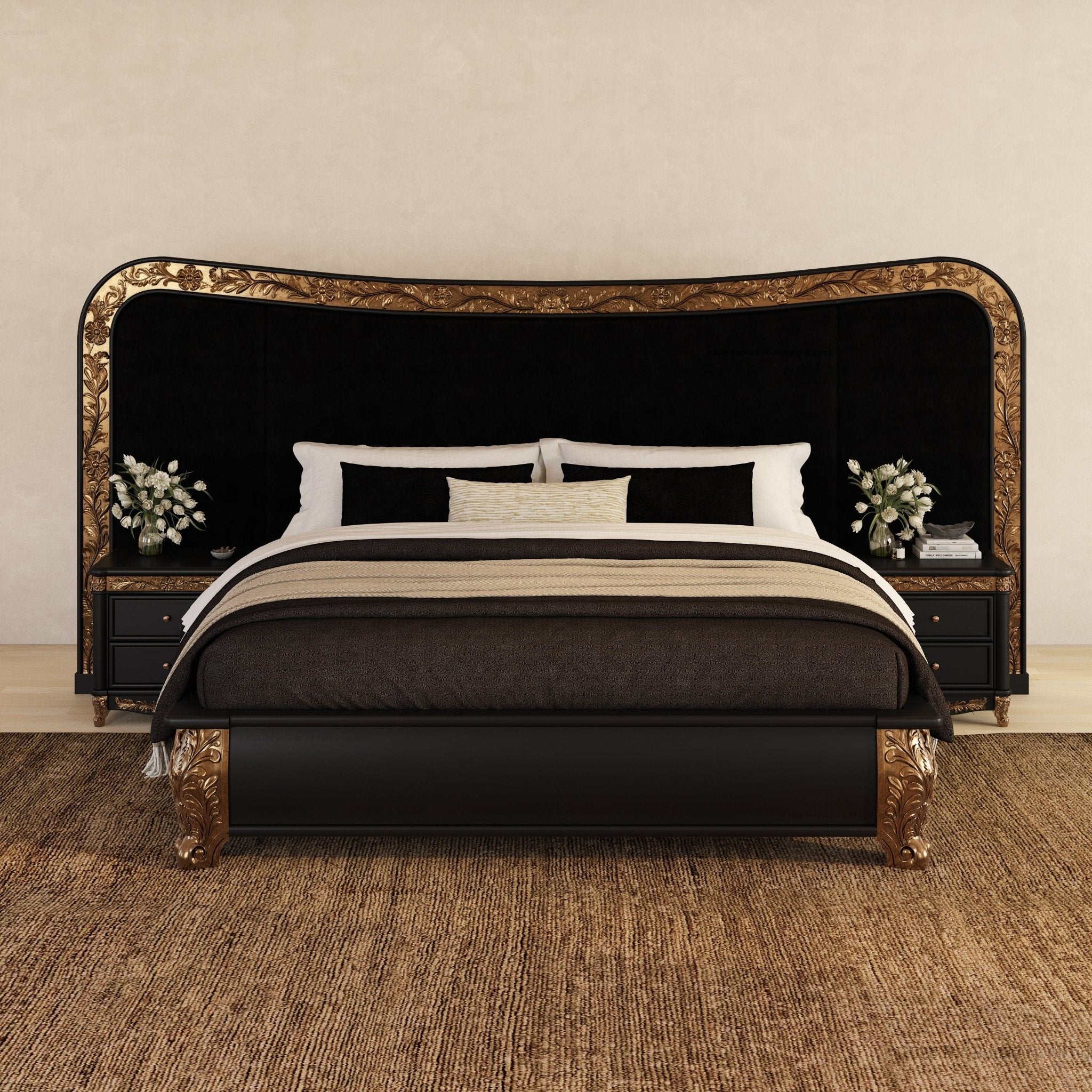 An ornate black and gold bed frame with a tall arched headboard and matching footboard, styled with dark bedding, white pillows, and matching nightstands on a textured brown rug against a beige wall.
