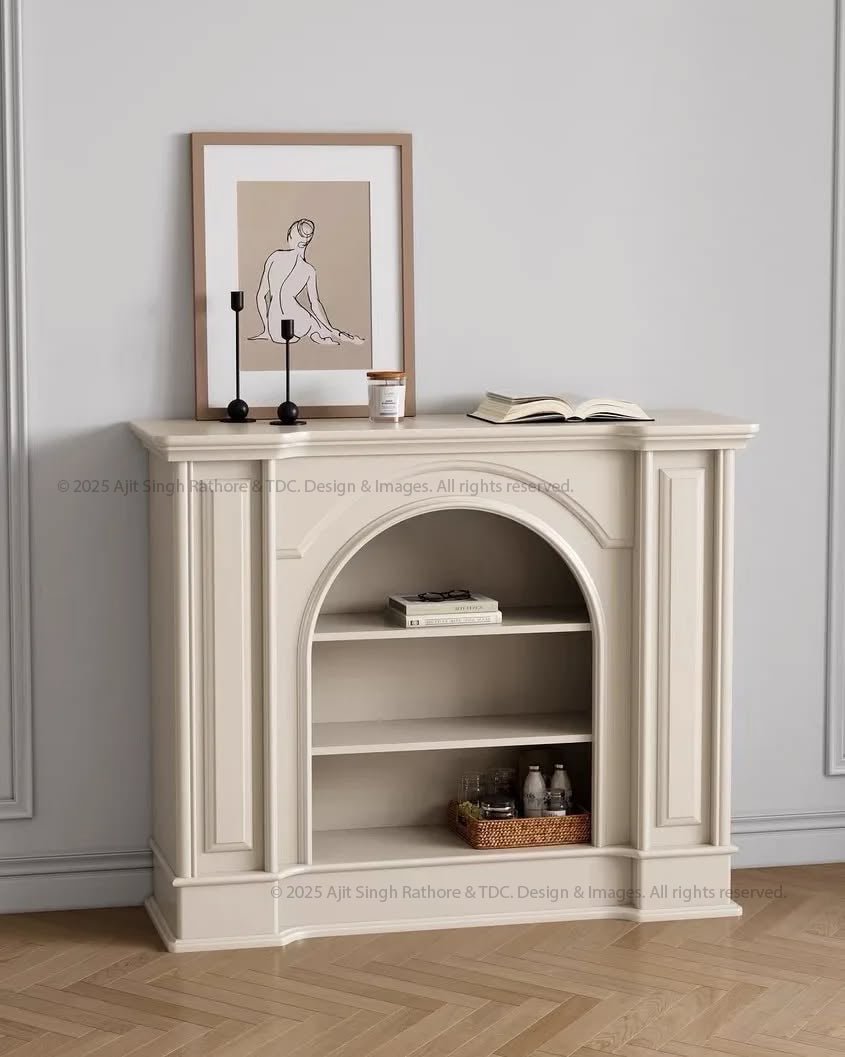 Snow Crest Arched Bookshelf Display Unit with Fireplace Mantel Design