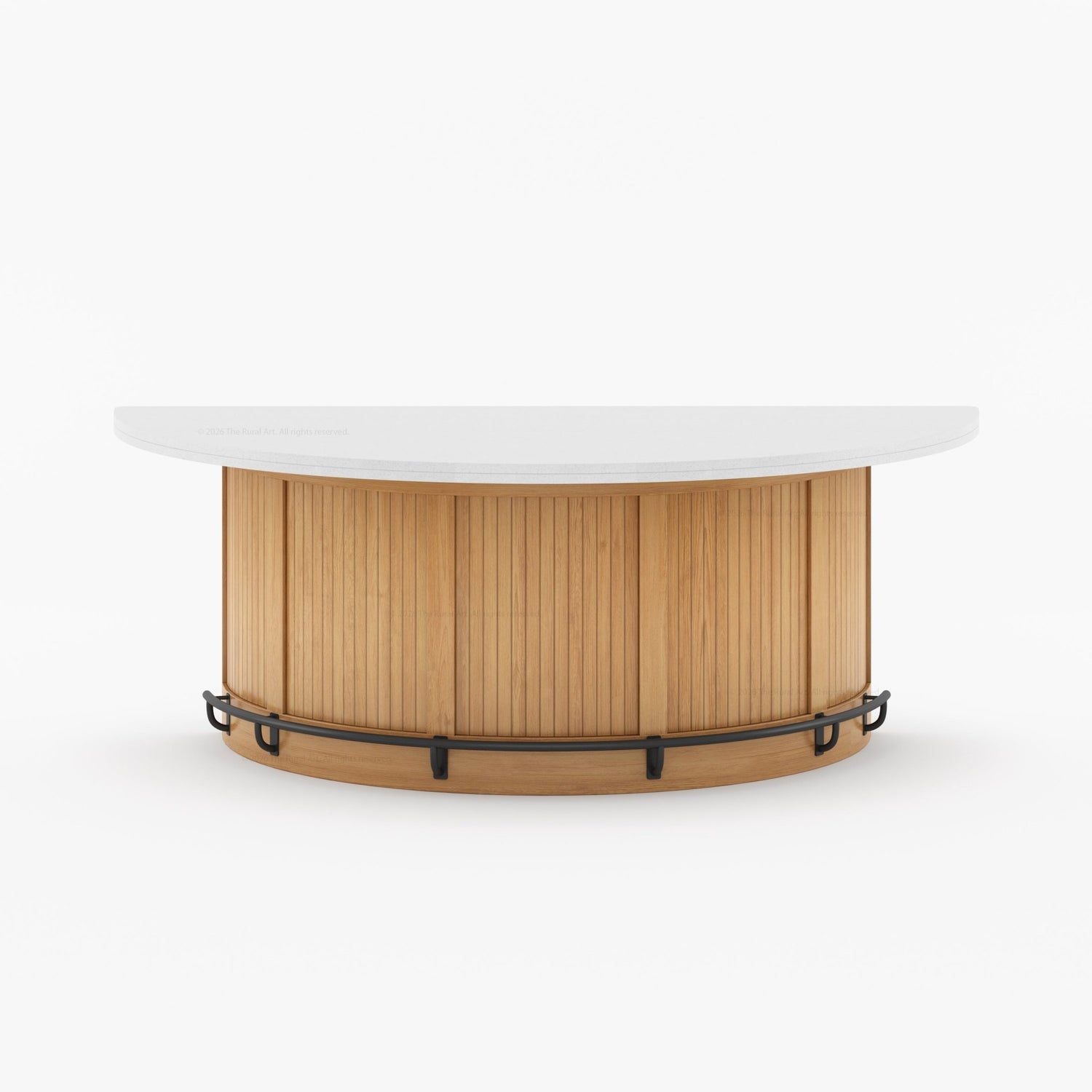 Midland Curved Solid Wood Half Round Kitchen Island with Upholstered Stools &amp; Quartz Top