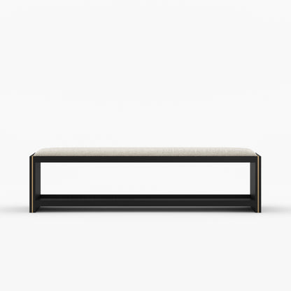 Branson Solid Wood Open Storage Bedside Bench with Boucle Upholstered Cushion &amp; Brass Inlay