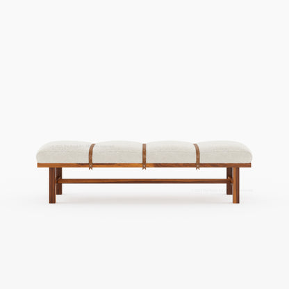 Princeton Solid Wood Bench with Boucle Upholstery &amp; Leather Strap Detailing
