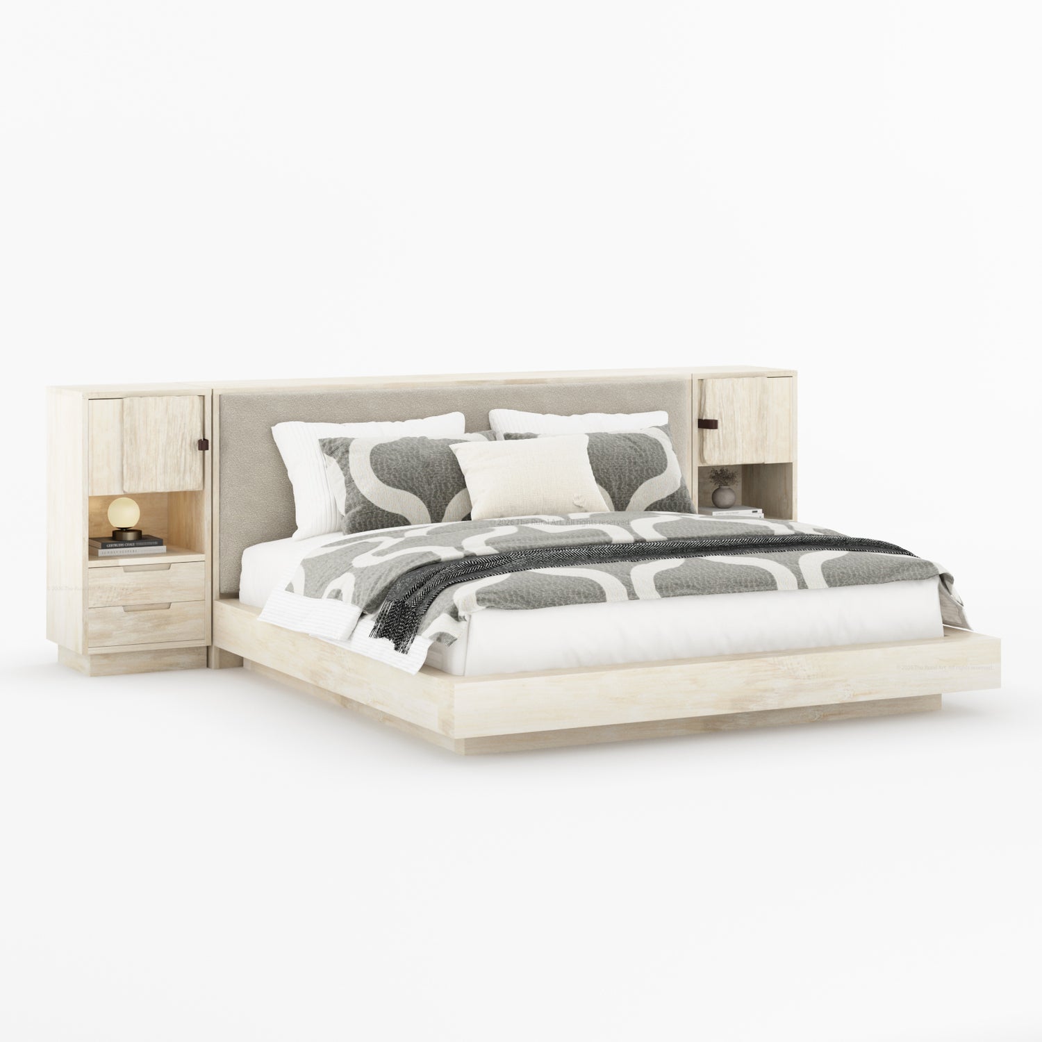 Nome Modern Solid Wood Storage Platform Bed with Upholstered Headboard &amp; Nightstands