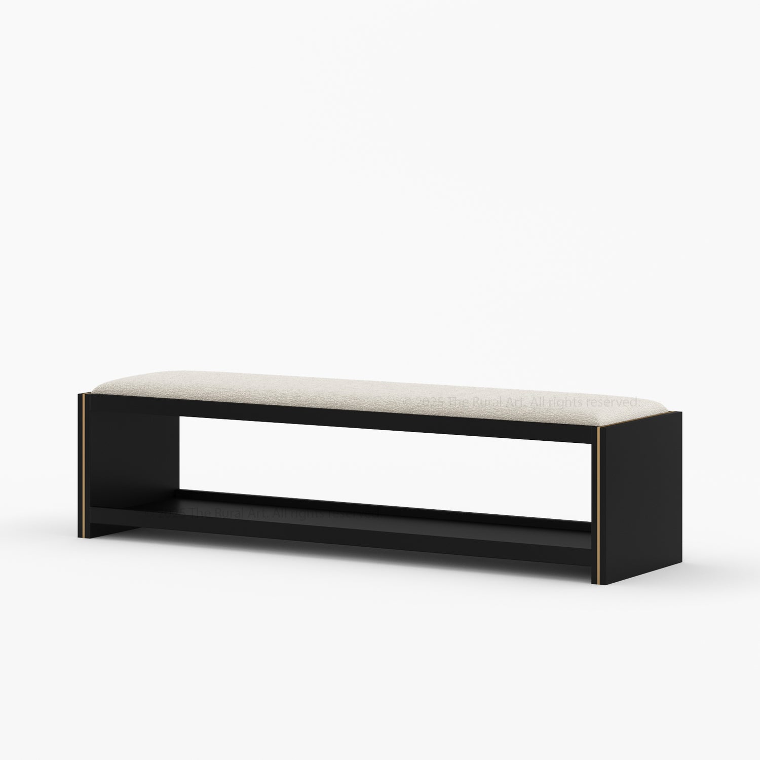 Branson Solid Wood Open Storage Bedside Bench with Boucle Upholstered Cushion &amp; Brass Inlay