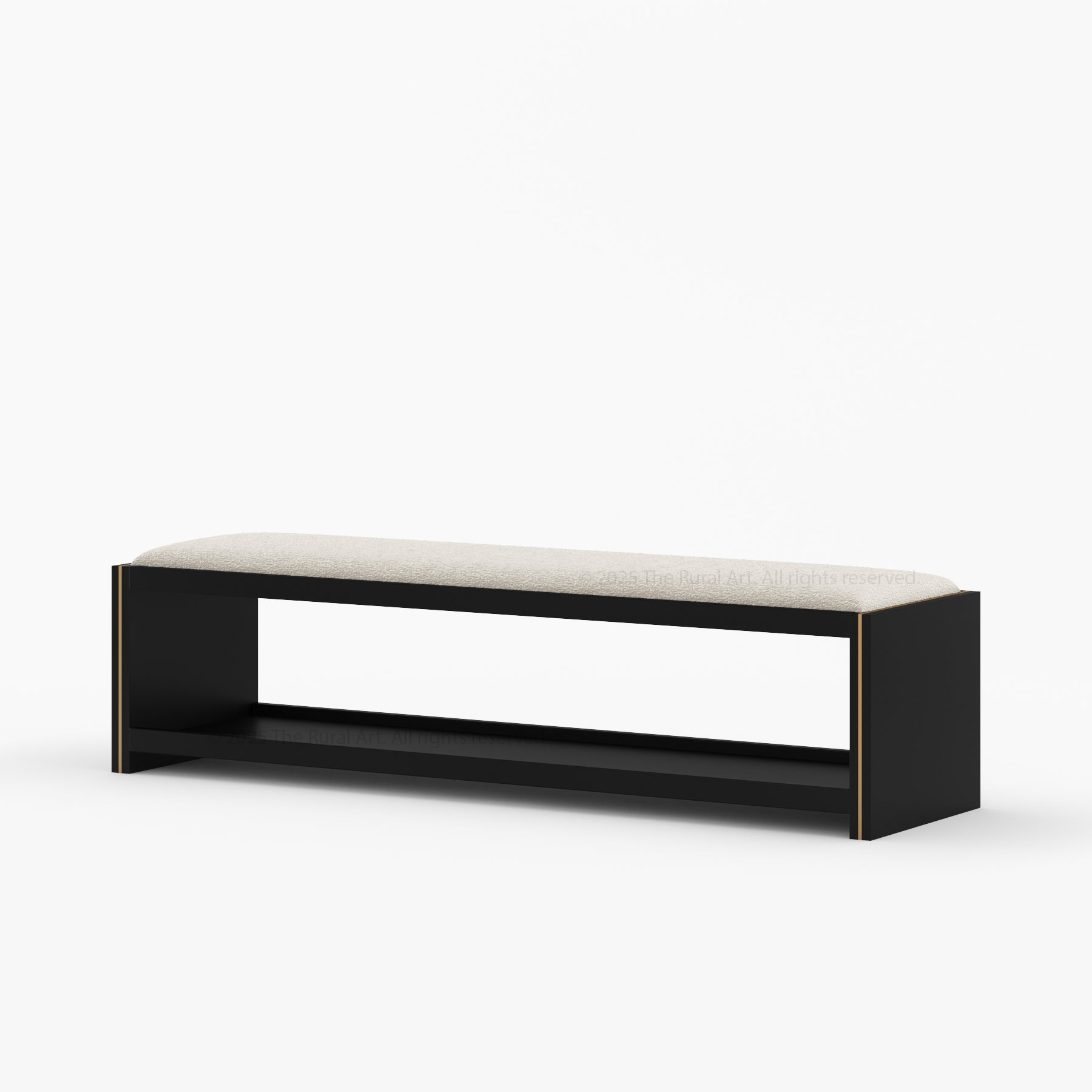 Branson Solid Wood Open Storage Bedside Bench with Boucle Upholstered Cushion &amp; Brass Inlay
