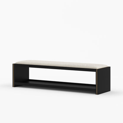 Branson Solid Wood Open Storage Bedside Bench with Boucle Upholstered Cushion &amp; Brass Inlay