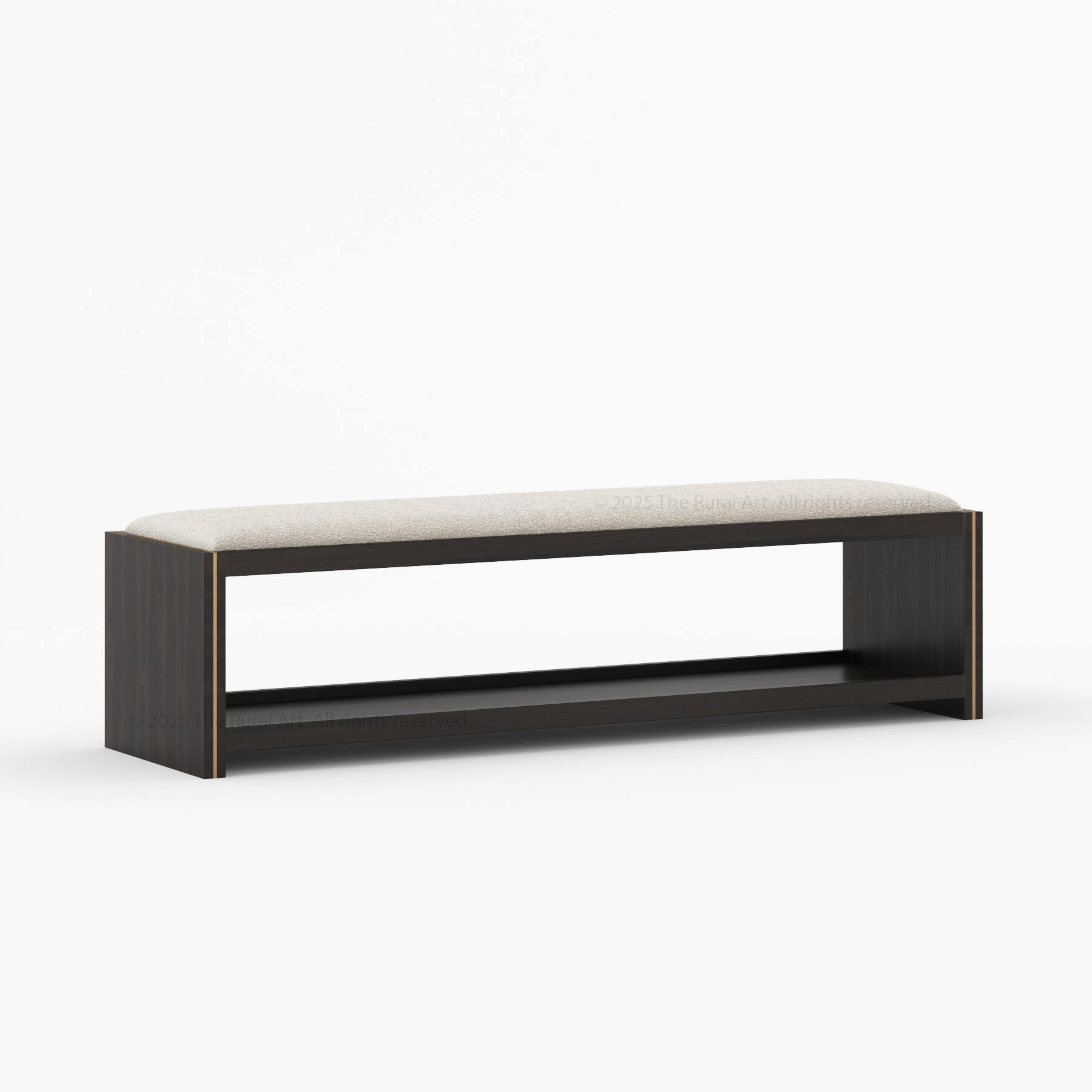 Branson Solid Wood Open Storage Bedside Bench with Boucle Upholstered Cushion &amp; Brass Inlay
