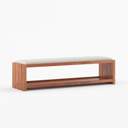 Branson Solid Wood Open Storage Bedside Bench with Boucle Upholstered Cushion &amp; Brass Inlay