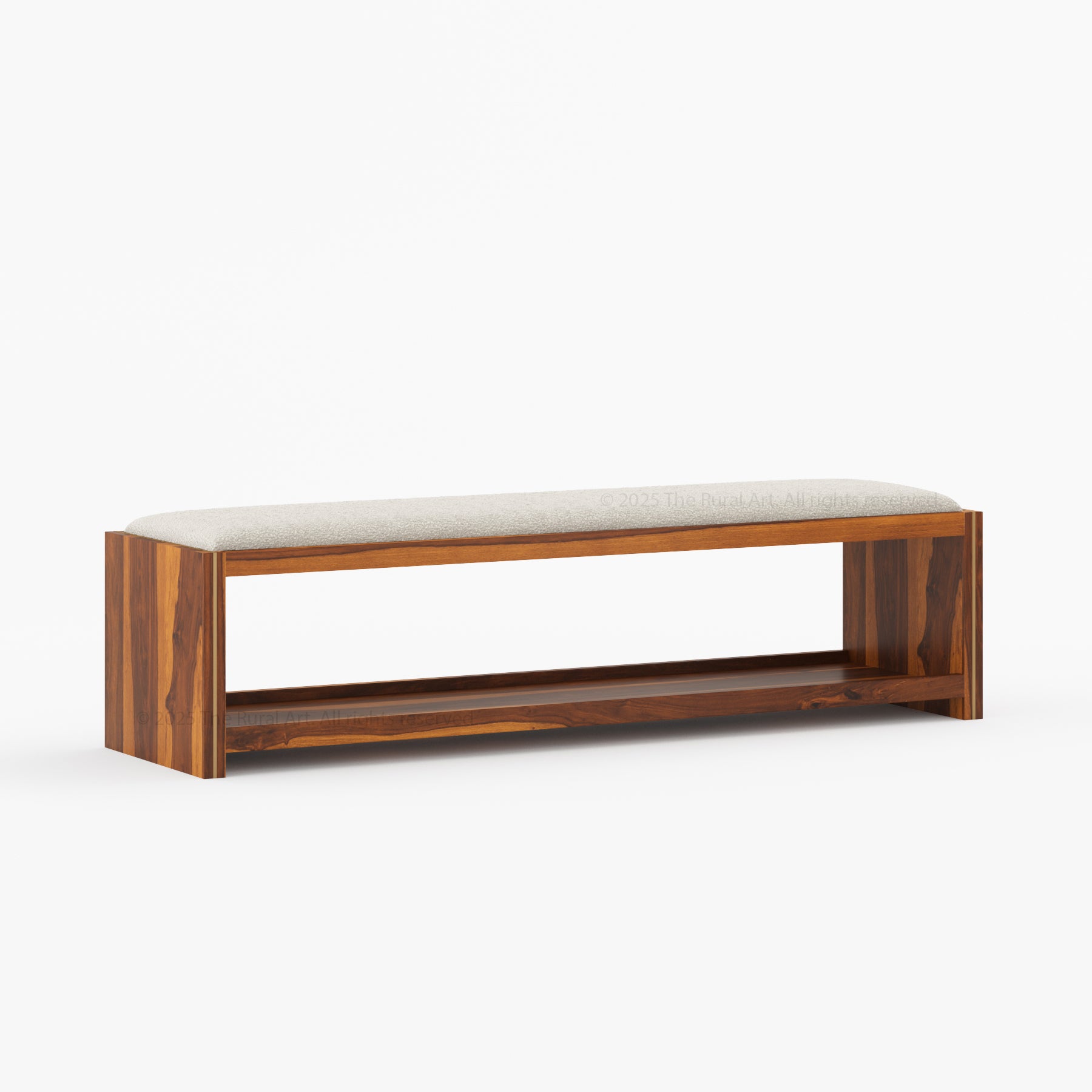 Branson Solid Wood Open Storage Bedside Bench with Boucle Upholstered Cushion &amp; Brass Inlay