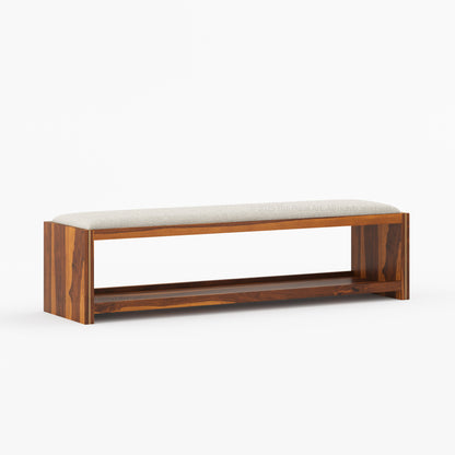 Branson Solid Wood Open Storage Bedside Bench with Boucle Upholstered Cushion &amp; Brass Inlay