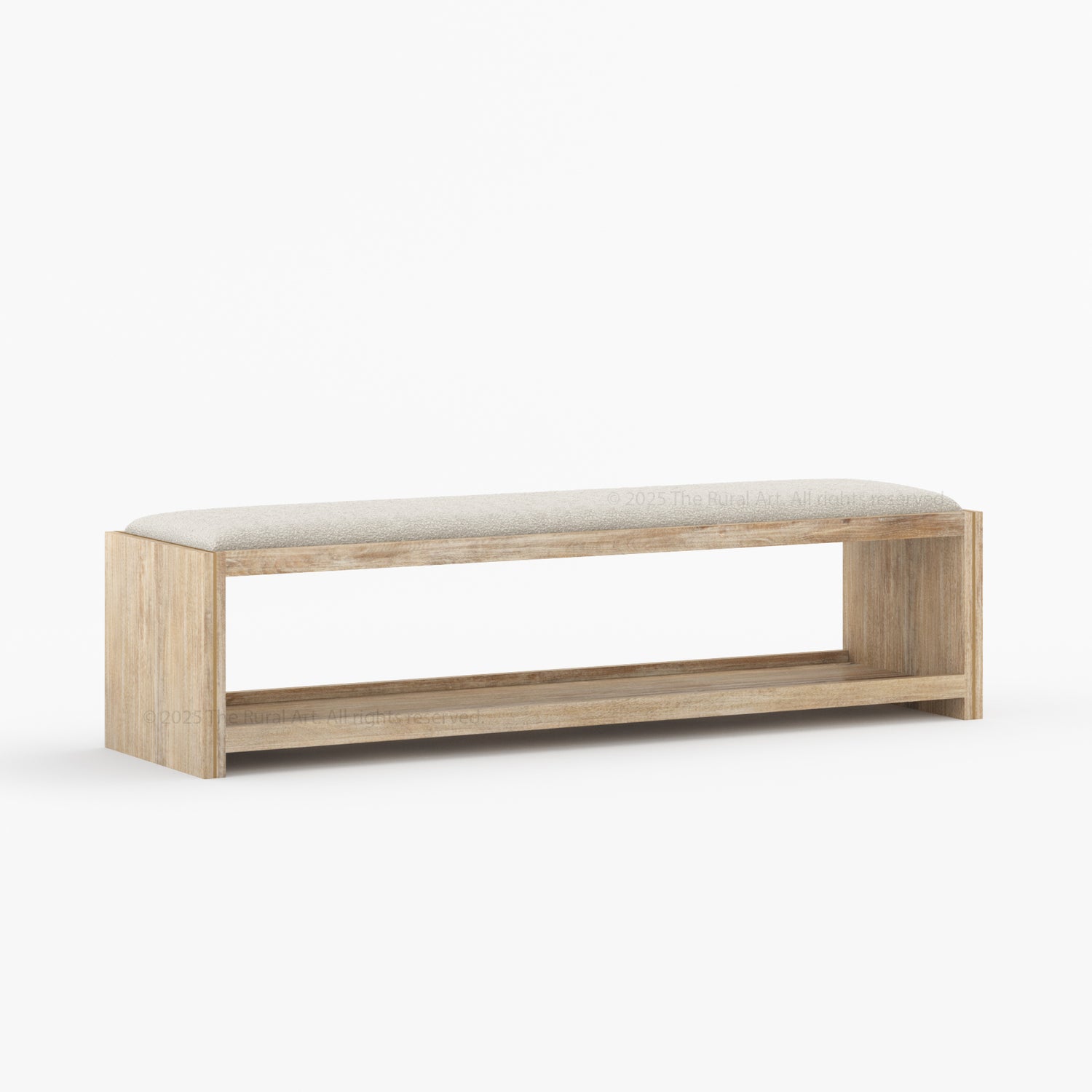 Branson Solid Wood Open Storage Bedside Bench with Boucle Upholstered Cushion &amp; Brass Inlay