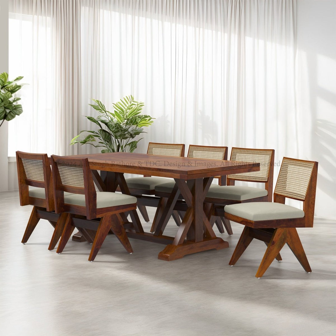 Charleston Solid Wood Dining Table and Rattan Chair Set