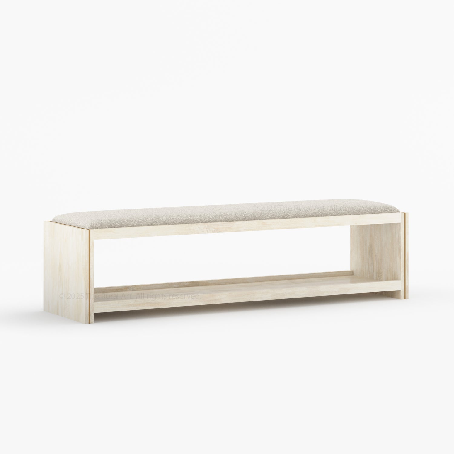 Branson Solid Wood Open Storage Bedside Bench with Boucle Upholstered Cushion &amp; Brass Inlay