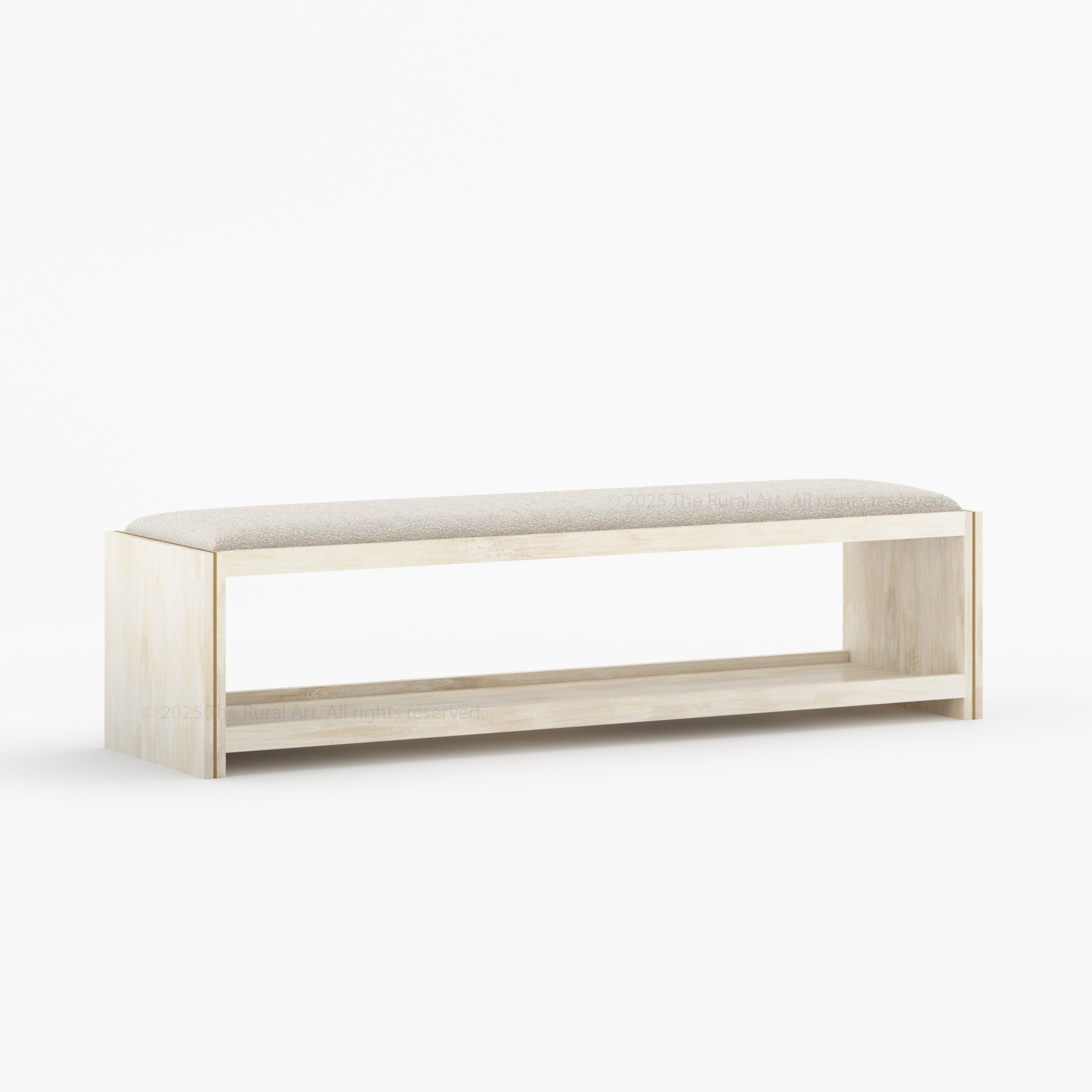 Branson Solid Wood Open Storage Bedside Bench with Boucle Upholstered Cushion &amp; Brass Inlay