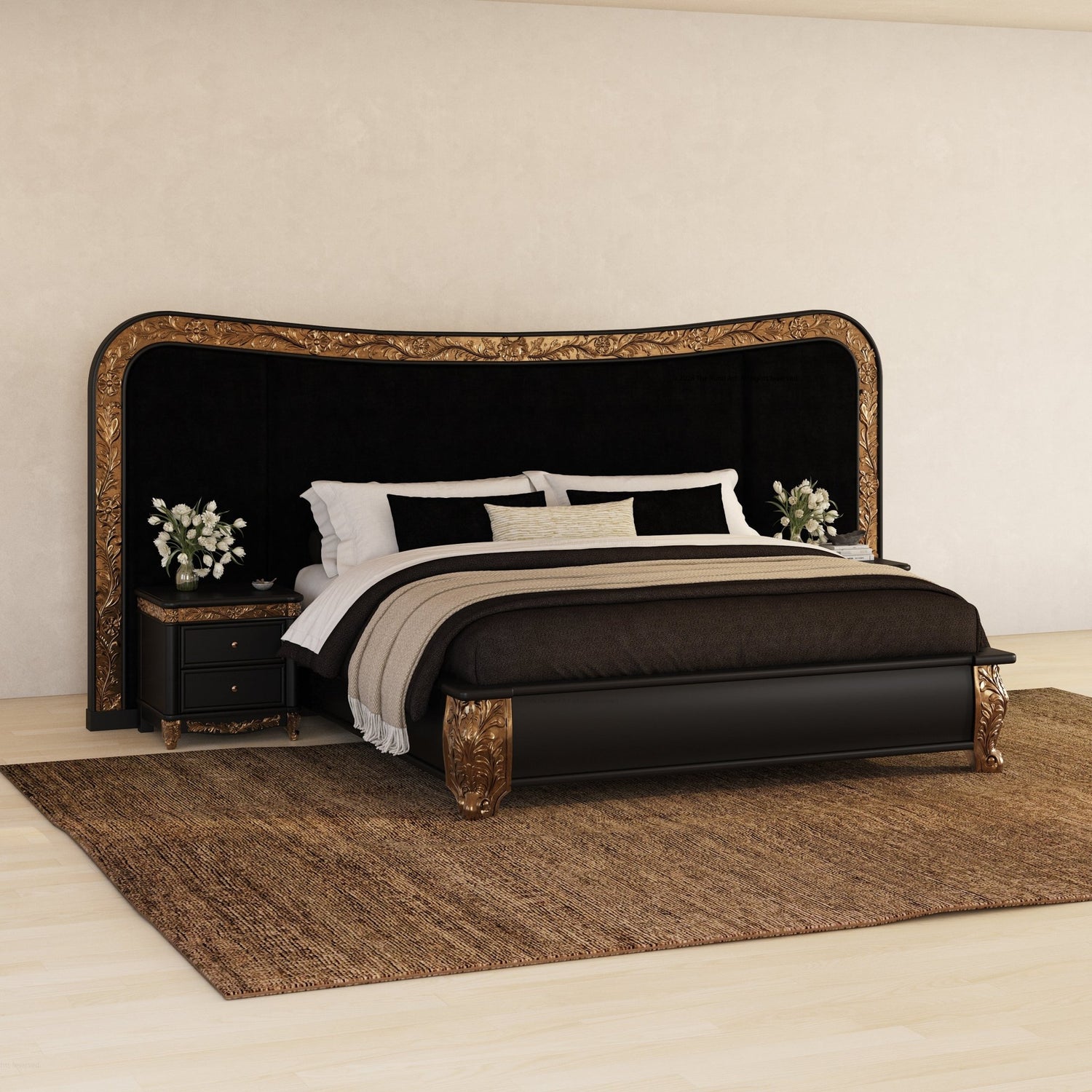 Versailles Grandeur Extra-Wide Velvet Bed with Gold Leaf Carvings