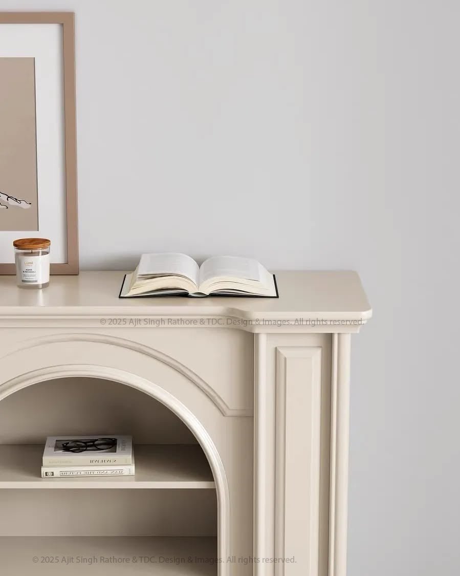 Snow Crest Arched Bookshelf Display Unit with Fireplace Mantel Design