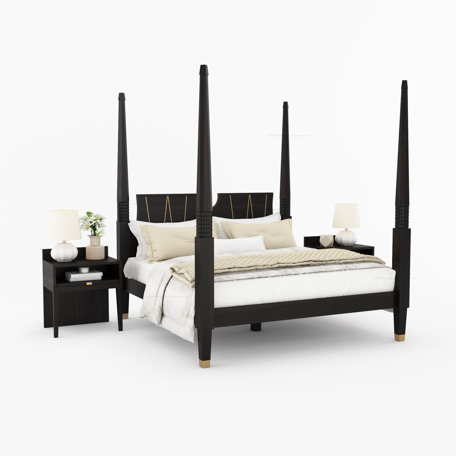 Troy Solid Wood Four Poster Bed with Brass Detailing