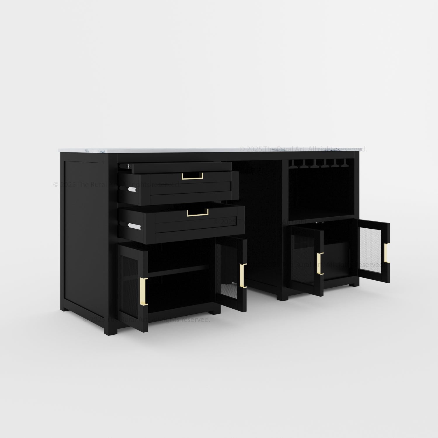 Luxe Black Wine Bar Cabinet with Fridge Space and Quartz Top