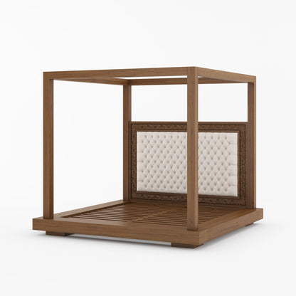 Sheffield Solid Wood Canopy Bed with Upholstered Tufted Headboard &amp; Hand-Carved Frame