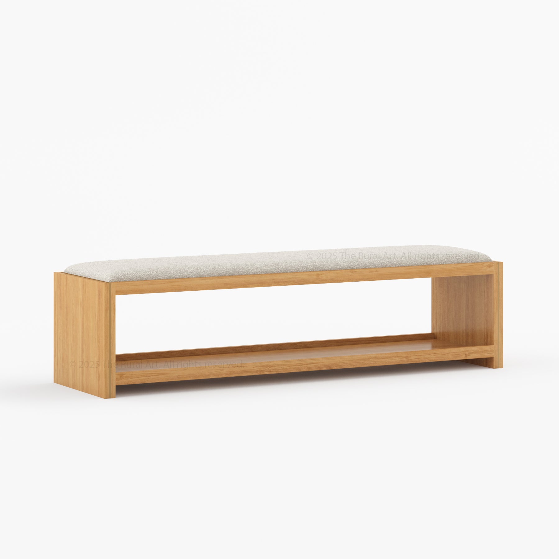 Branson Solid Wood Open Storage Bedside Bench with Boucle Upholstered Cushion &amp; Brass Inlay
