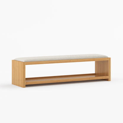 Branson Solid Wood Open Storage Bedside Bench with Boucle Upholstered Cushion &amp; Brass Inlay
