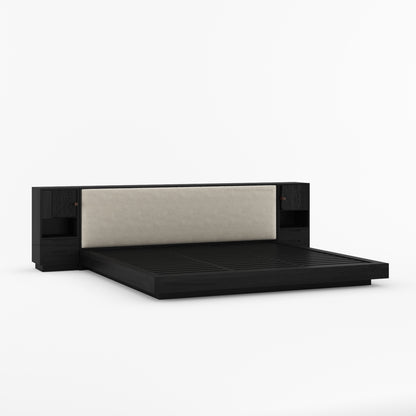 Nome Modern Solid Wood Storage Platform Bed with Upholstered Headboard &amp; Nightstands