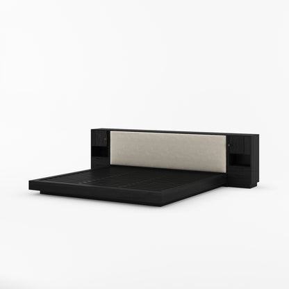Nome Modern Solid Wood Storage Platform Bed with Upholstered Headboard &amp; Nightstands