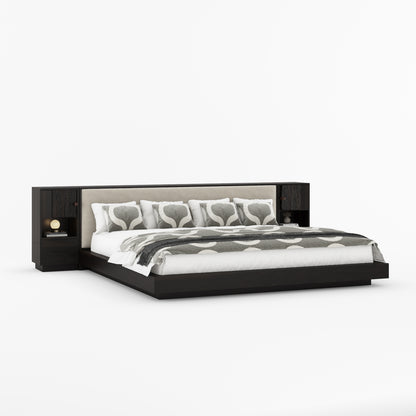 Nome Modern Solid Wood Storage Platform Bed with Upholstered Headboard &amp; Nightstands