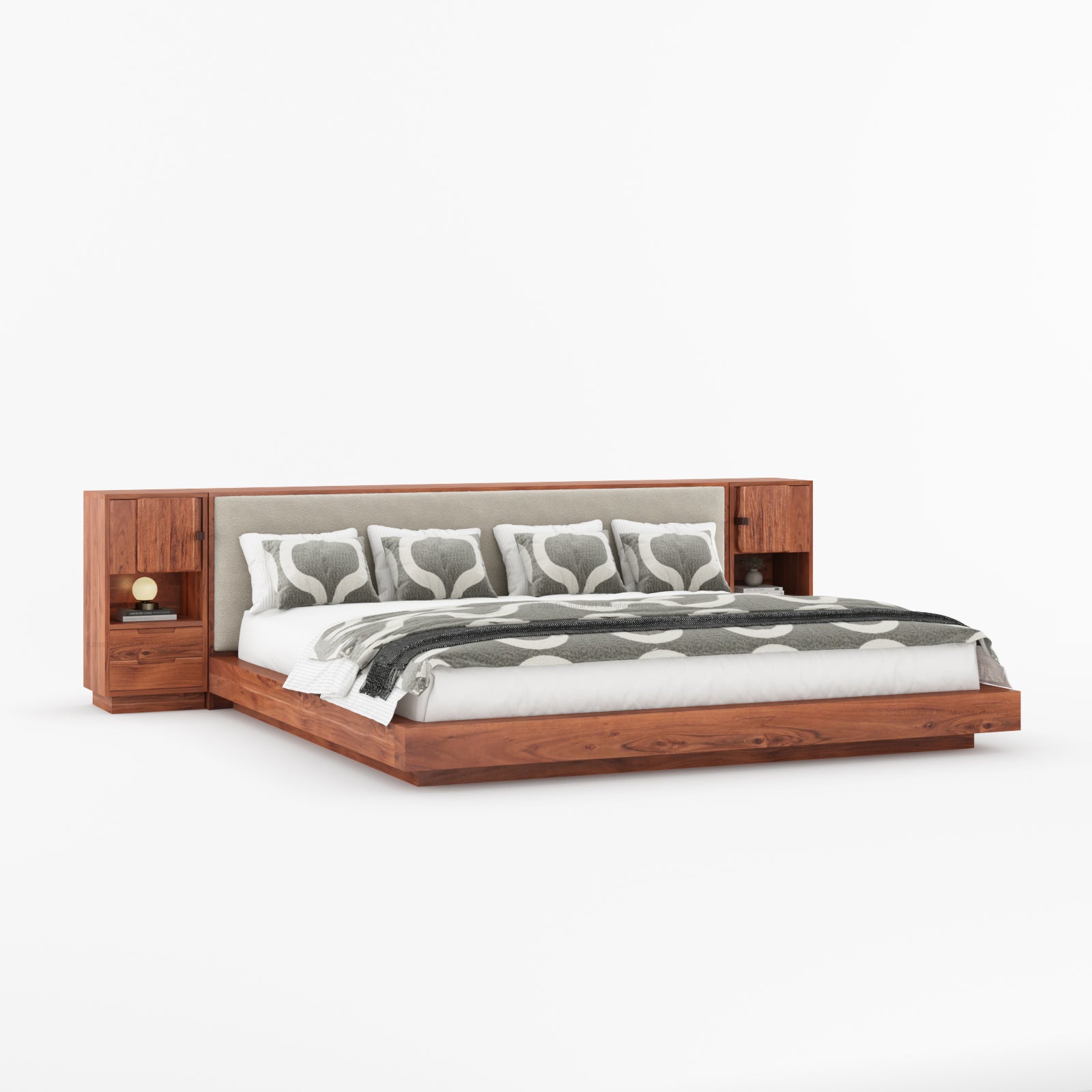Nome Modern Solid Wood Storage Platform Bed with Upholstered Headboard &amp; Nightstands