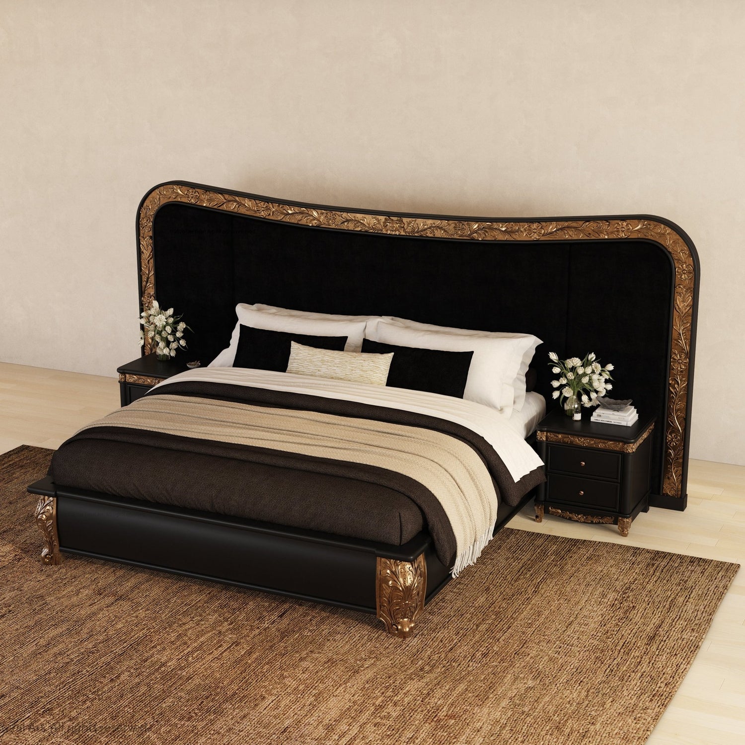 A luxury bed with a large black velvet headboard featuring ornate gold detailing, dressed in black, white, and beige bedding, flanked by two matching nightstands on a woven rug.