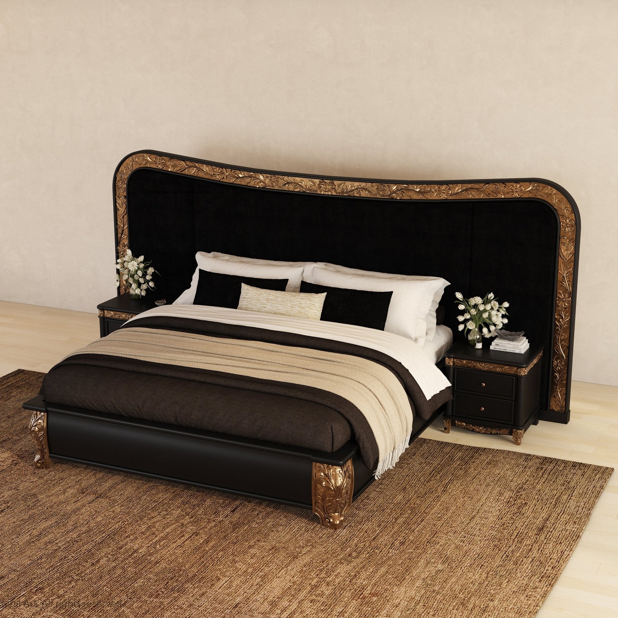 A luxury bed with a large black velvet headboard featuring ornate gold detailing, dressed in black, white, and beige bedding, flanked by two matching nightstands on a woven rug.