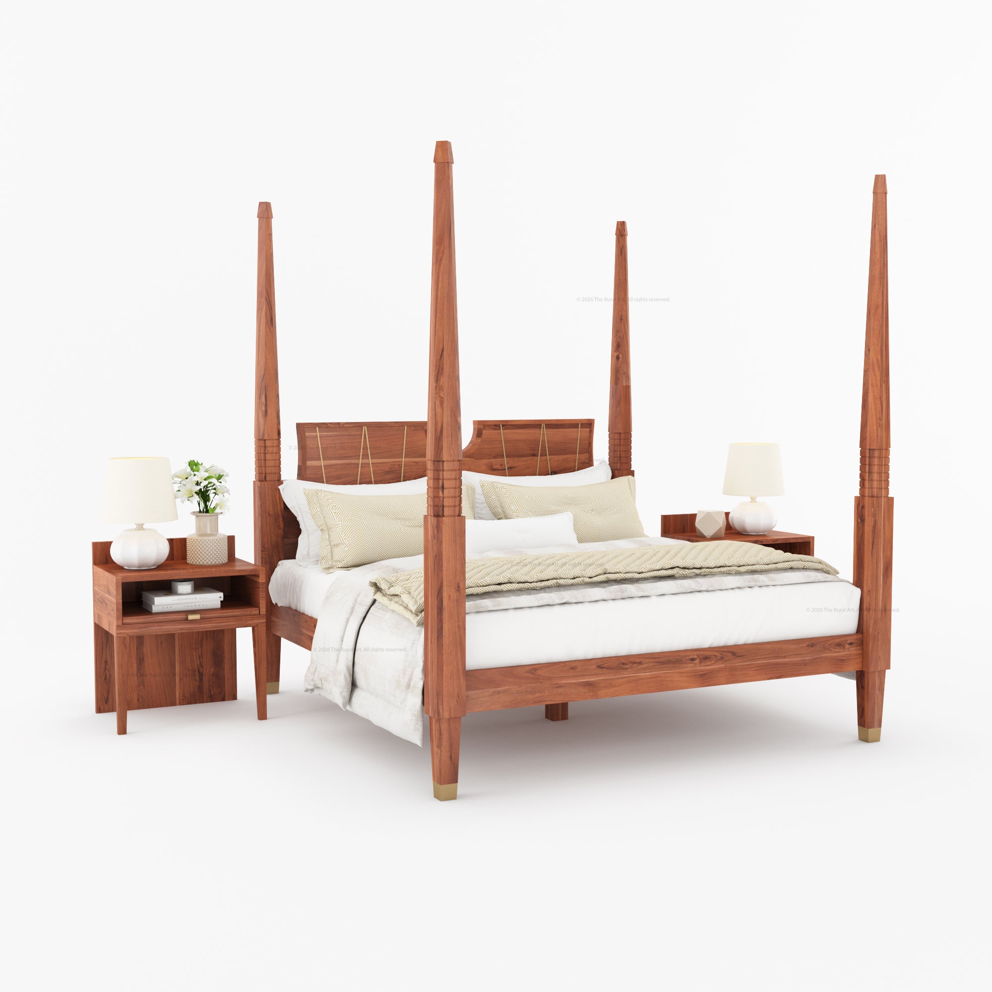 Troy Solid Wood Four Poster Bed with Brass Detailing