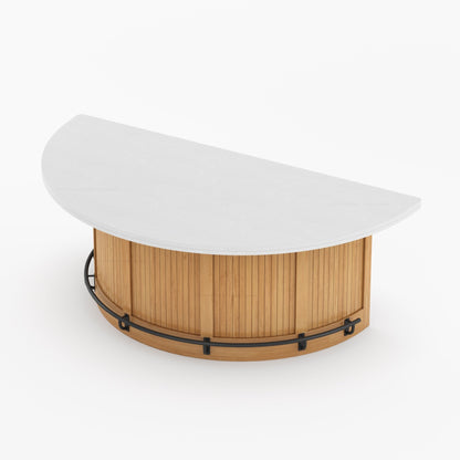 Midland Curved Solid Wood Half Round Kitchen Island with Upholstered Stools &amp; Quartz Top