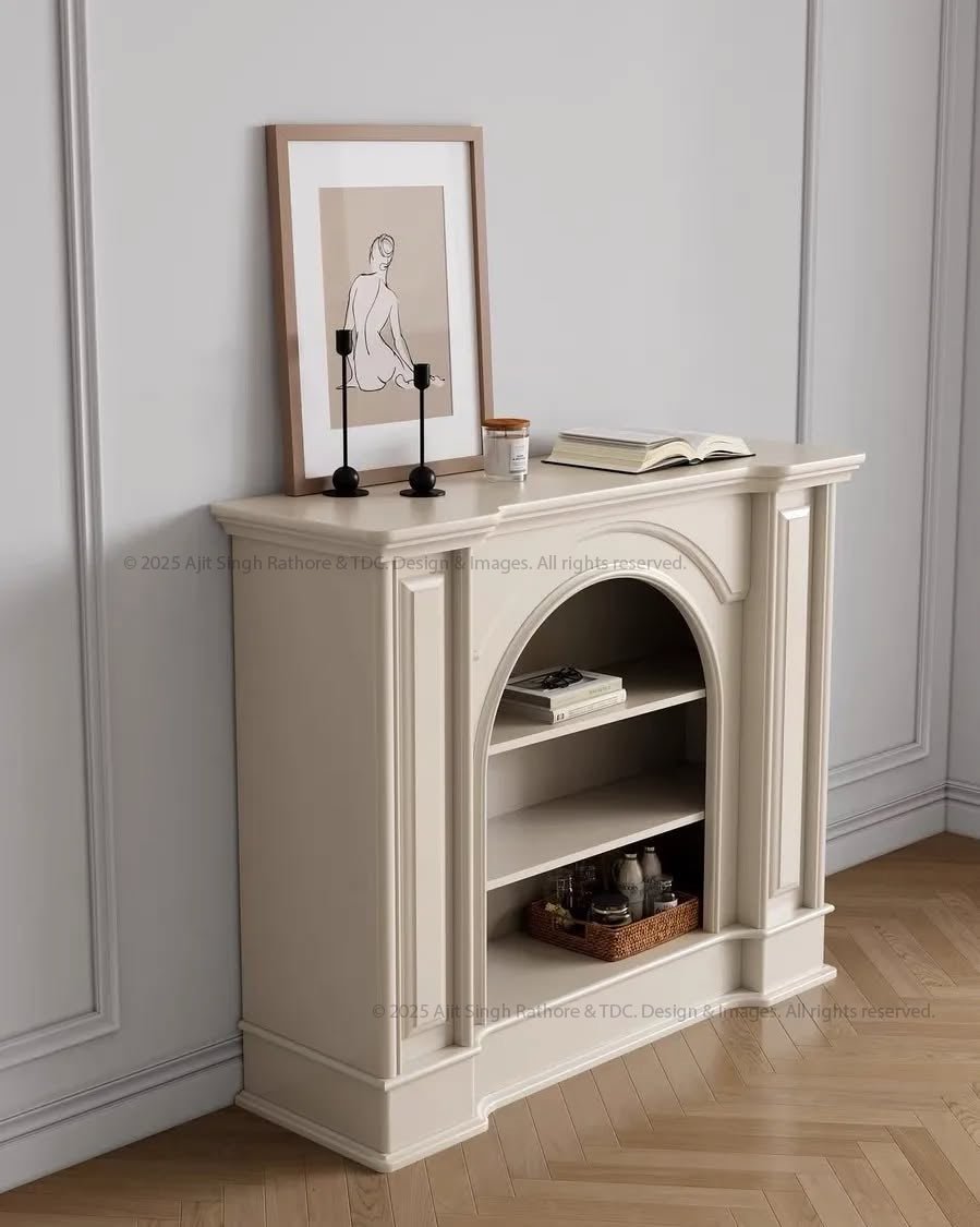 Snow Crest Arched Bookshelf Display Unit with Fireplace Mantel Design