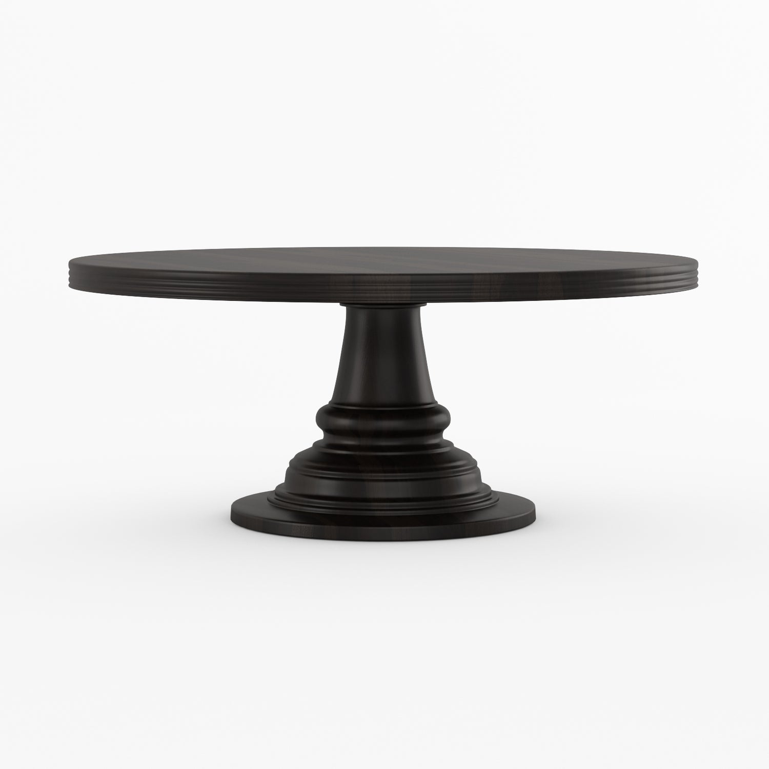 A round black pedestal dining table with a fluted top and a tiered turned base.