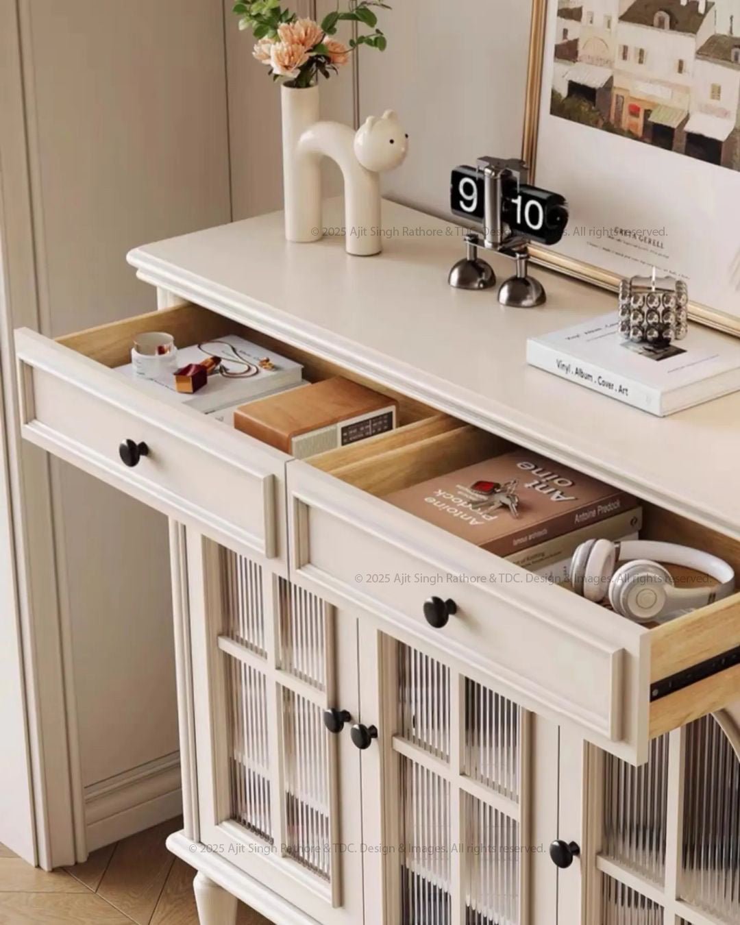 Atmore Vintage White Wooden Storage Cabinet with Glass Doors