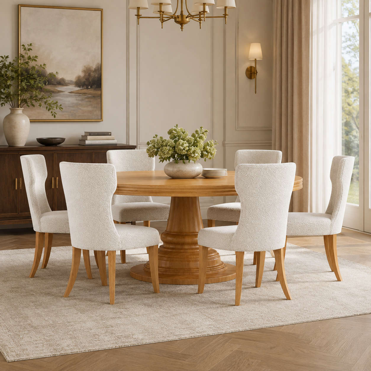 High Point Solid Wood Round Pedestal Dining Table &amp; Upholstered Chair Set