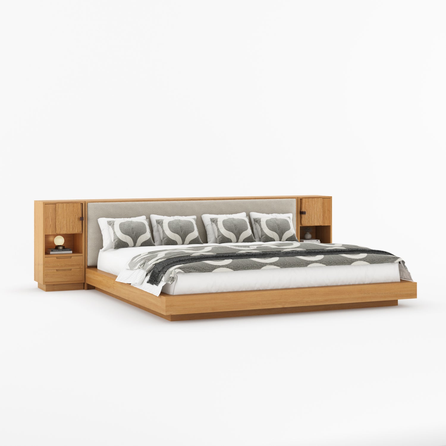 Nome Modern Solid Wood Storage Platform Bed with Upholstered Headboard &amp; Nightstands