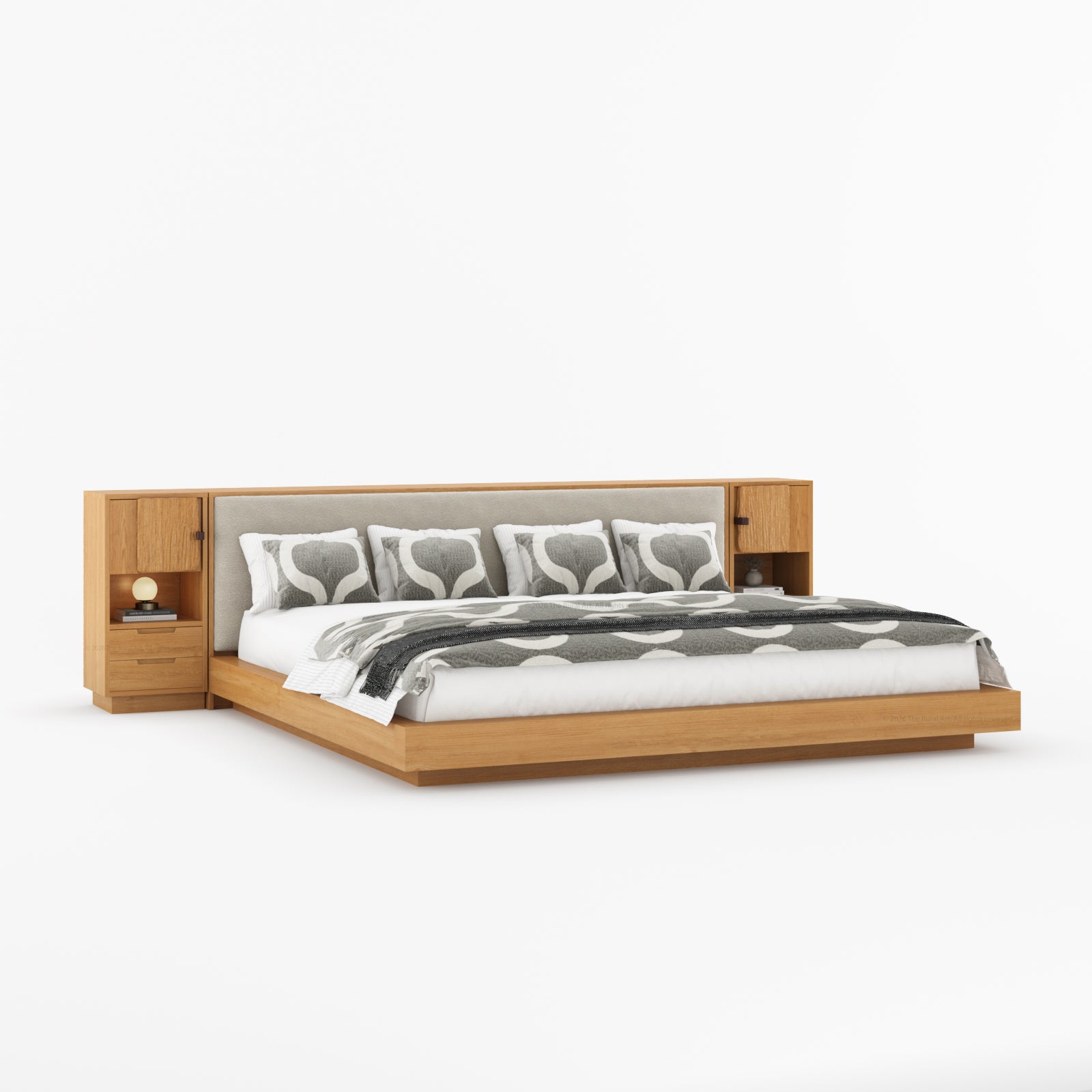 Nome Modern Solid Wood Storage Platform Bed with Upholstered Headboard &amp; Nightstands