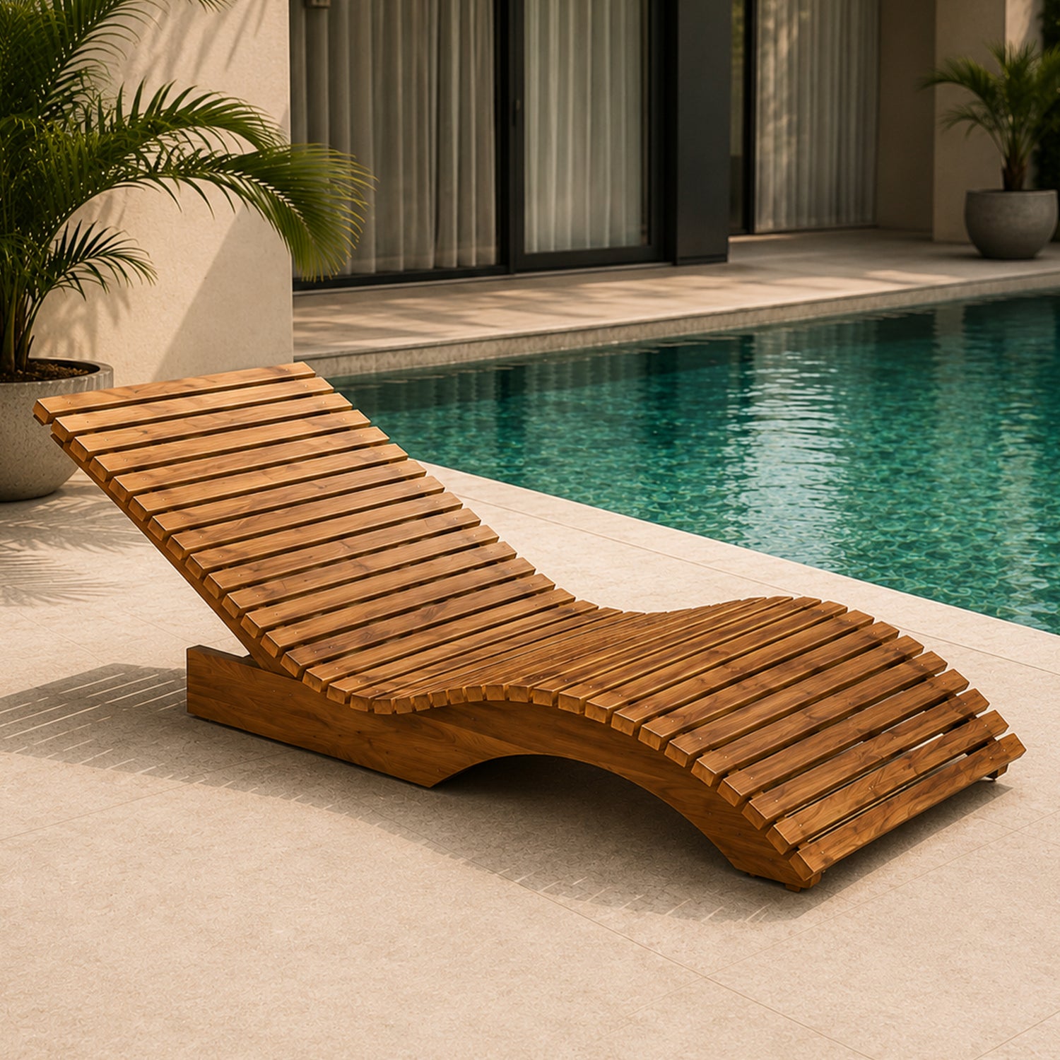 Eureka Solid Teak Wood Sculptural Wave Outdoor Sun Lounger