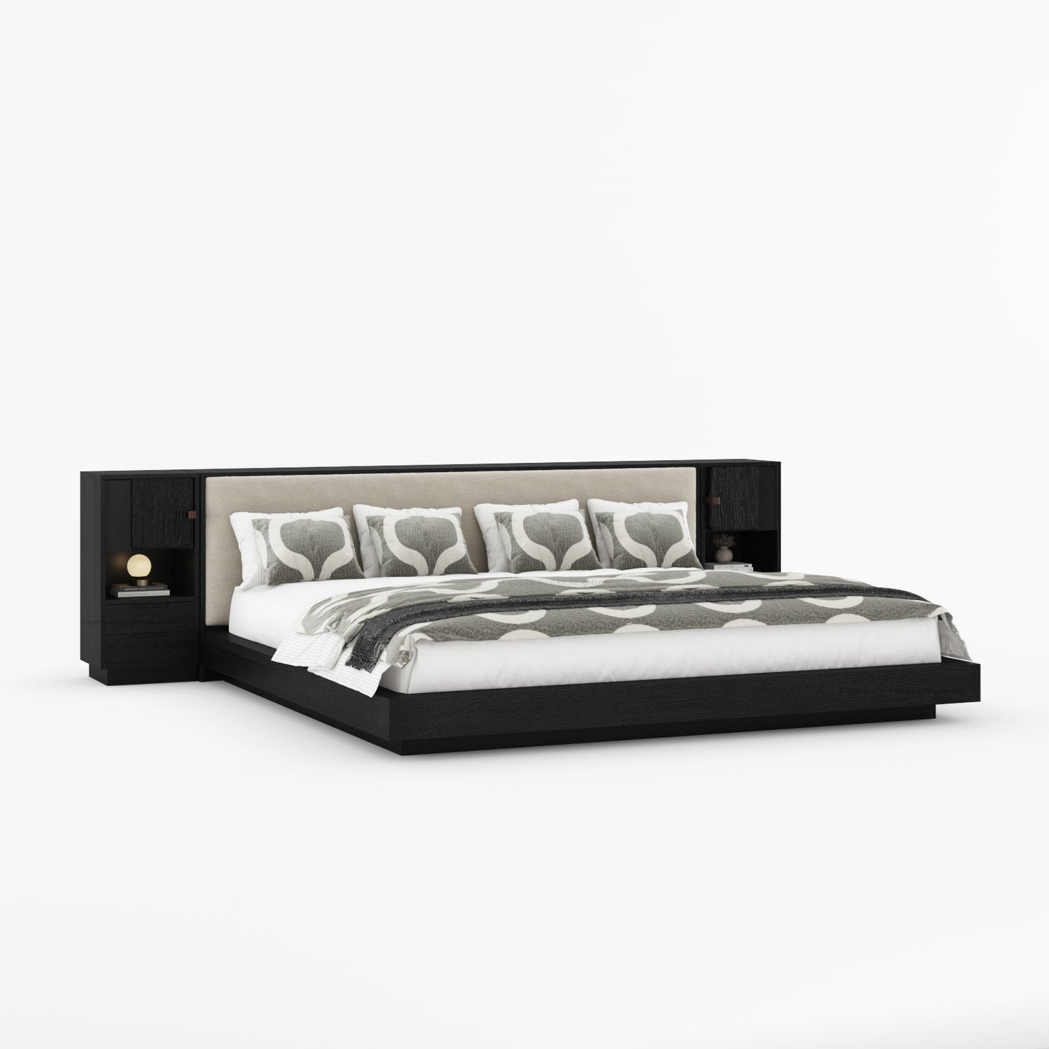 Nome Modern Solid Wood Storage Platform Bed with Upholstered Headboard &amp; Nightstands