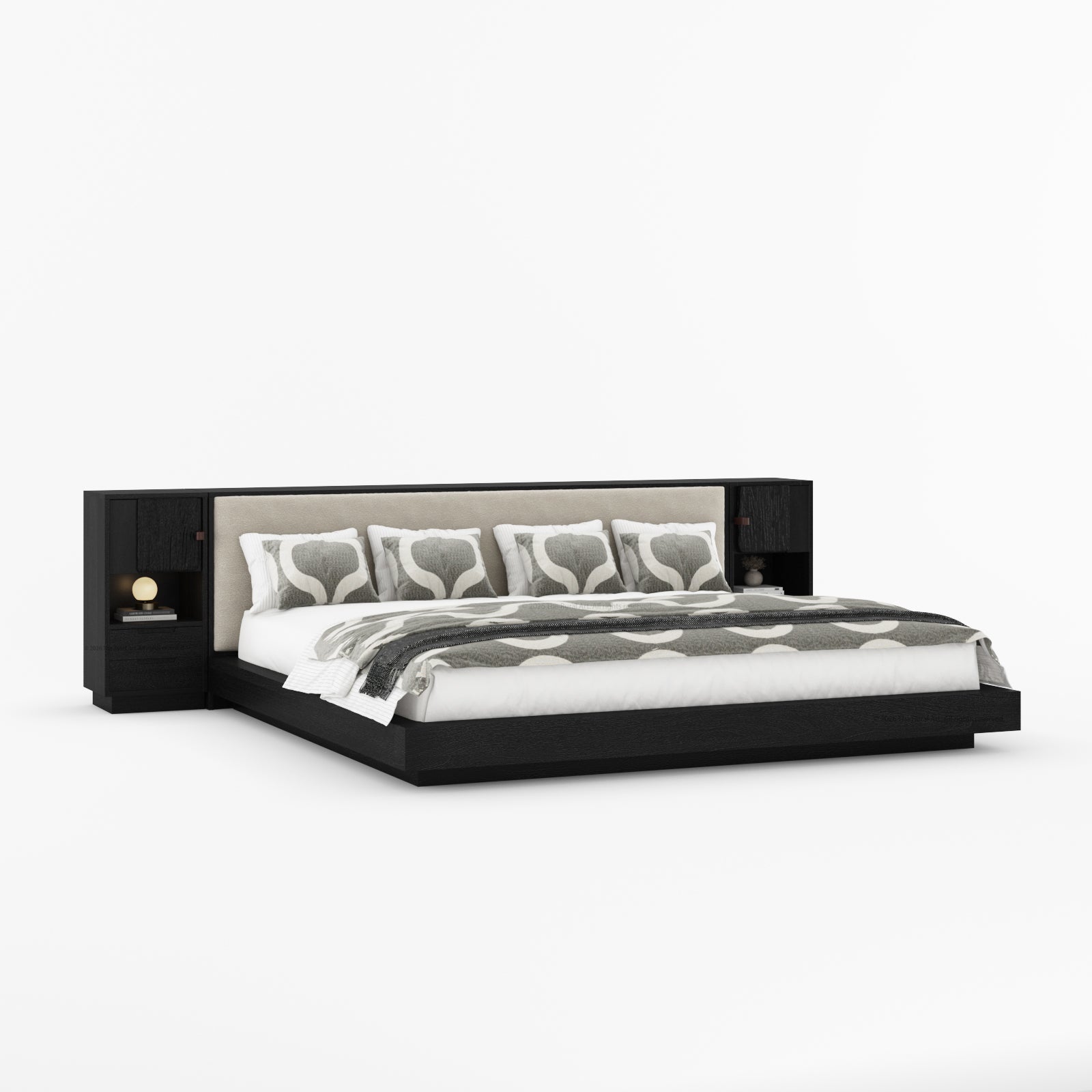 Nome Modern Solid Wood Storage Platform Bed with Upholstered Headboard &amp; Nightstands