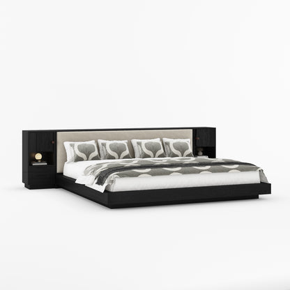 Nome Modern Solid Wood Storage Platform Bed with Upholstered Headboard &amp; Nightstands