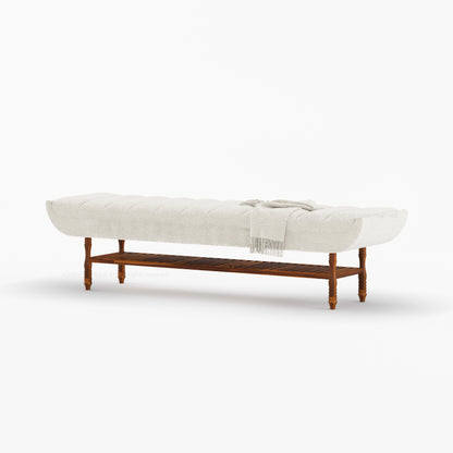 Jasper Boucle Upholstered Bedroom Bench with Turned Wood Legs &amp; Slatted Shelf