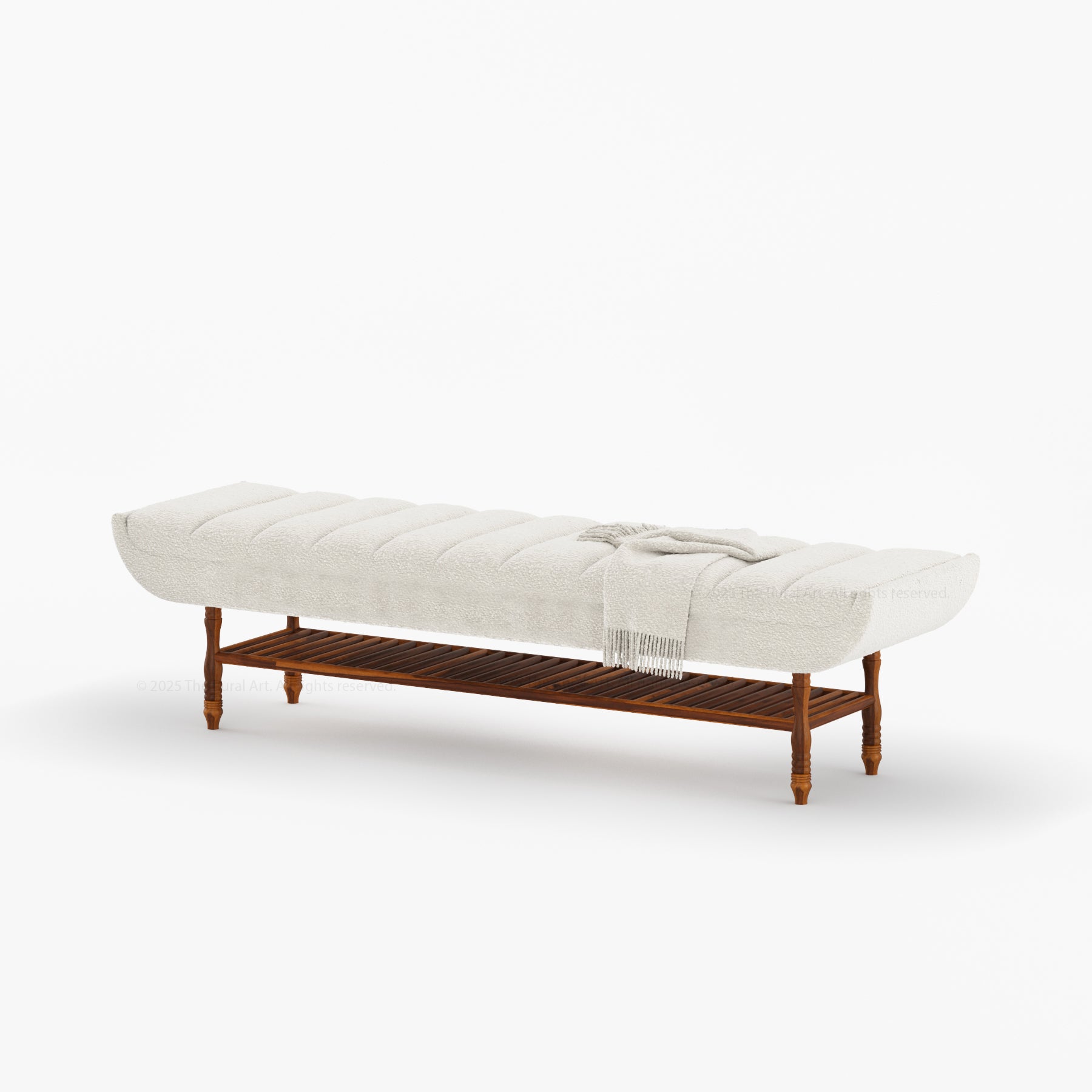 Jasper Boucle Upholstered Bedroom Bench with Turned Wood Legs &amp; Slatted Shelf