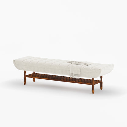 Jasper Boucle Upholstered Bedroom Bench with Turned Wood Legs &amp; Slatted Shelf