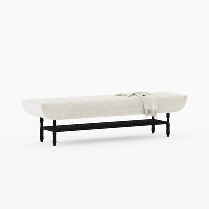 Jasper Boucle Upholstered Bedroom Bench with Turned Wood Legs &amp; Slatted Shelf