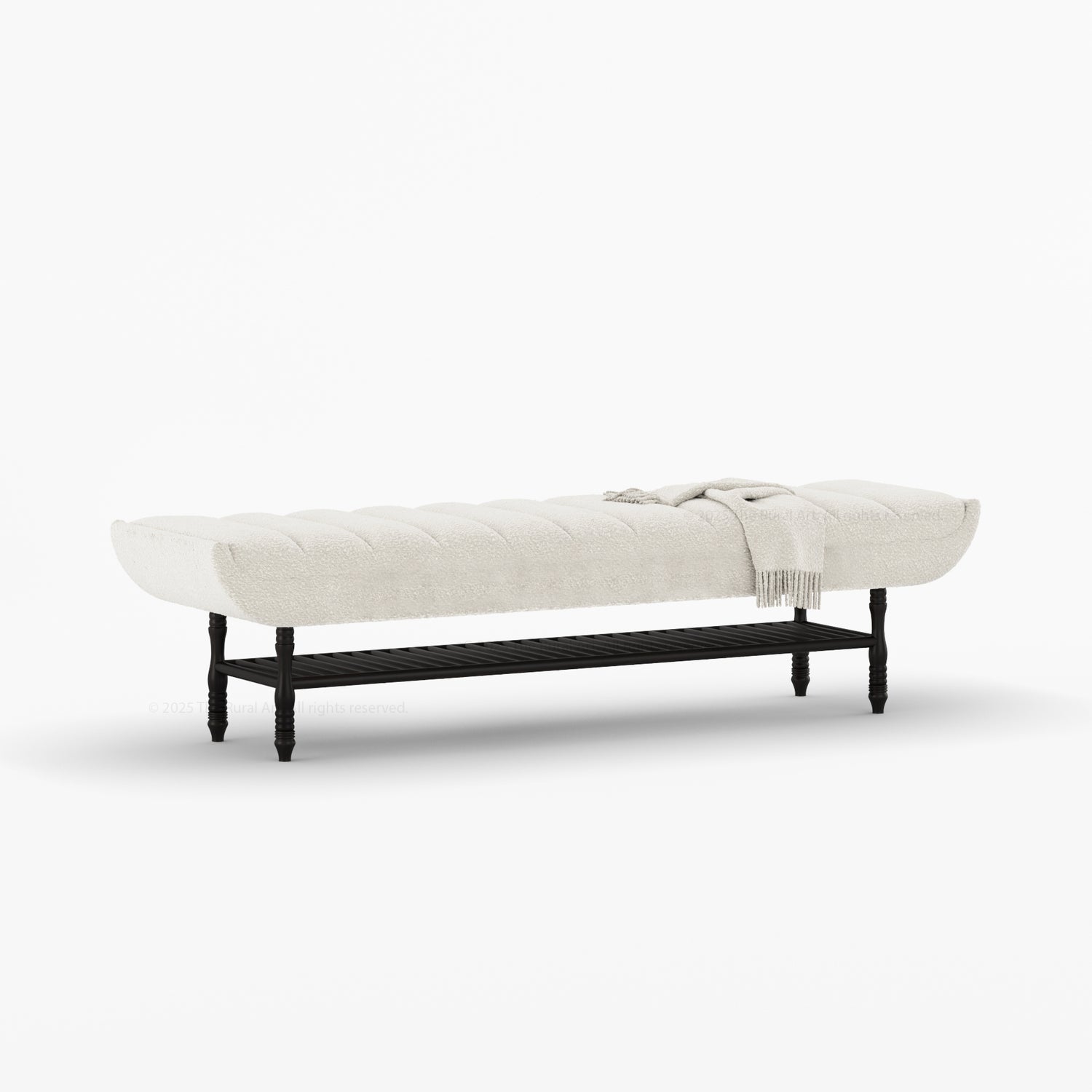 Jasper Boucle Upholstered Bedroom Bench with Turned Wood Legs &amp; Slatted Shelf