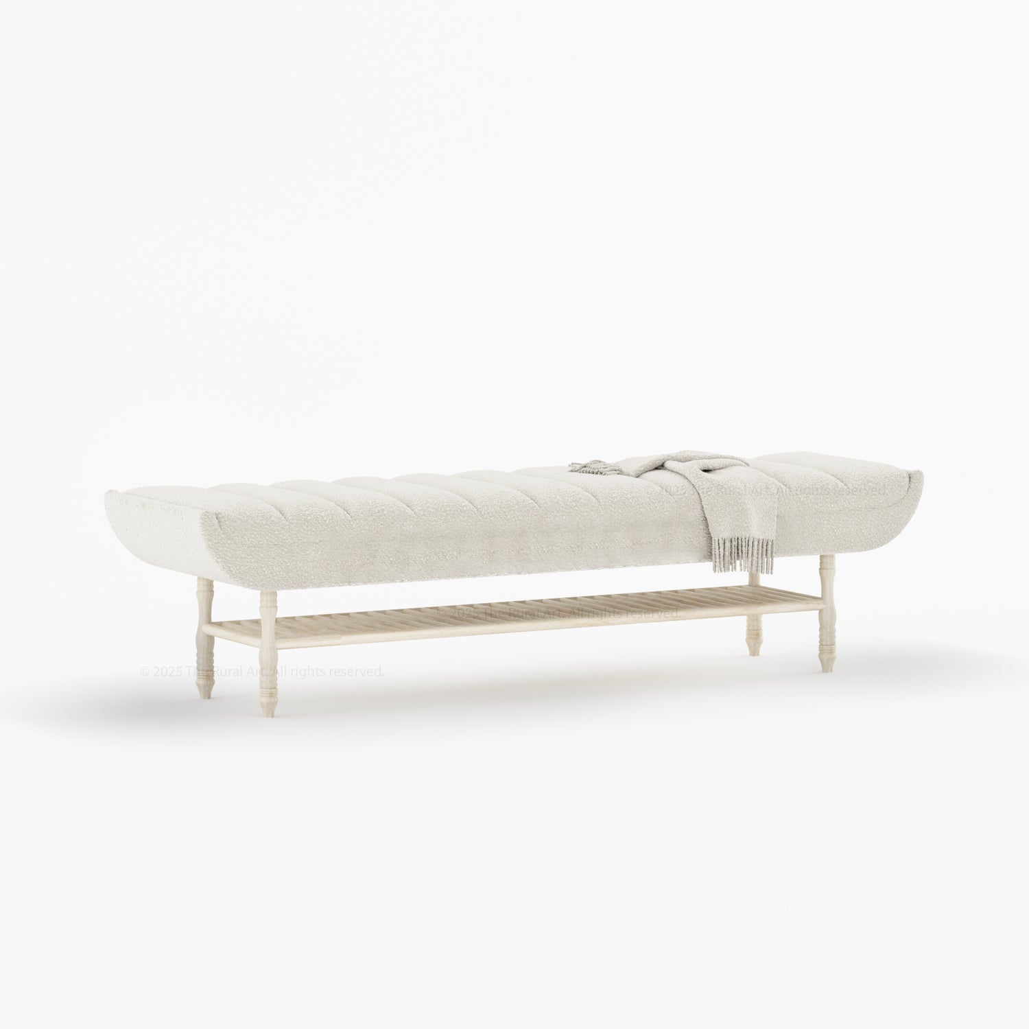 Jasper Boucle Upholstered Bedroom Bench with Turned Wood Legs &amp; Slatted Shelf